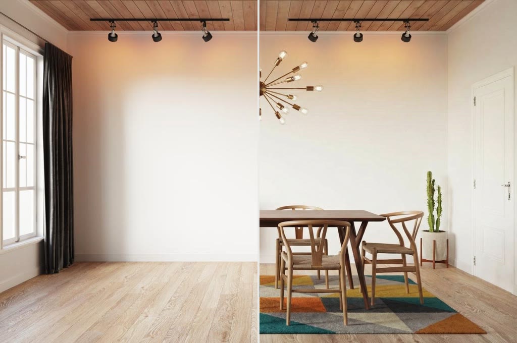 An empty dining room, then the same room furnished by virtual staging