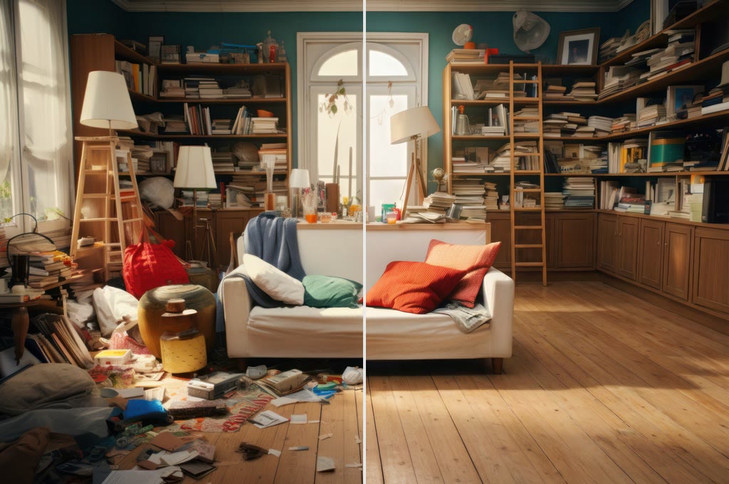 A cluttered living room, then the same room cleaned up