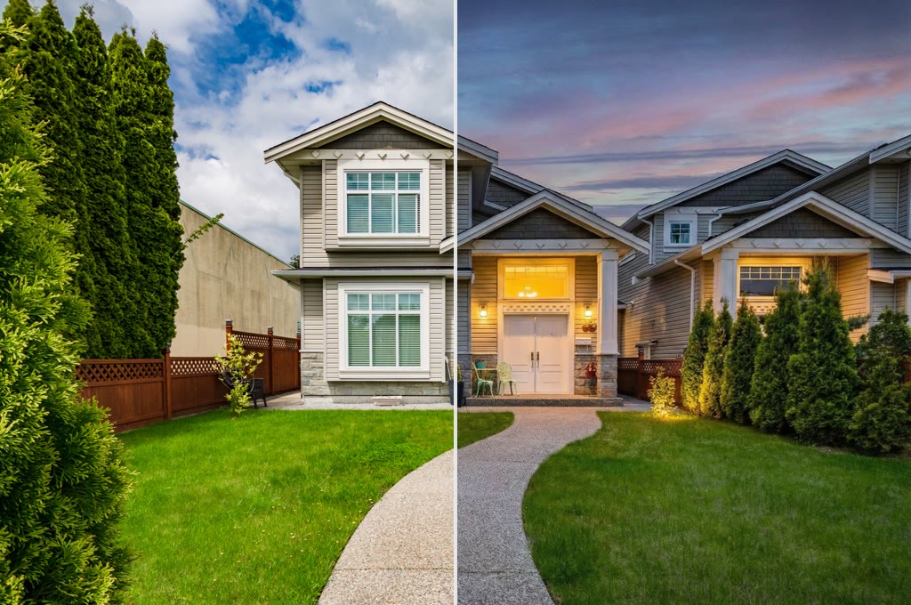 A house in daylight, then the same house shown at dusk